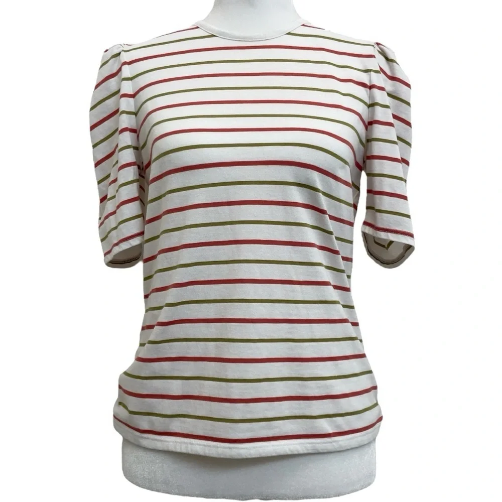 Rebecca Taylor A-Line White & Multicolor Striped Puff Sleeve T-Shirt